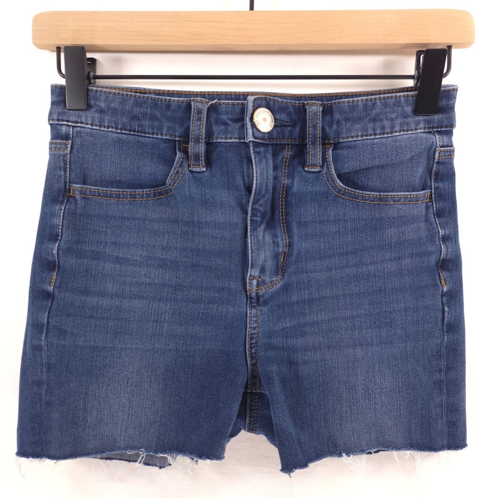 American Eagle Womens Shorts Super Hi-Rise Jegging 2 Long Blue Raw Hem Denim